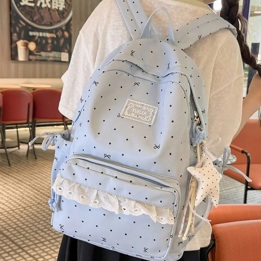 Large Capacity Campus Backpack Bowknot Polka Dot Commute Backpack Soft Nylon Material High Aesthetic Value Lace Floral Backpack