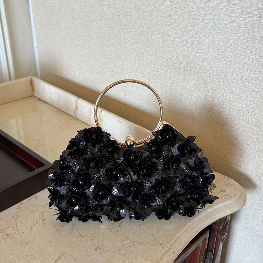 New sequined flower dinner  banquet beaded ball  dress ring portable evening bag