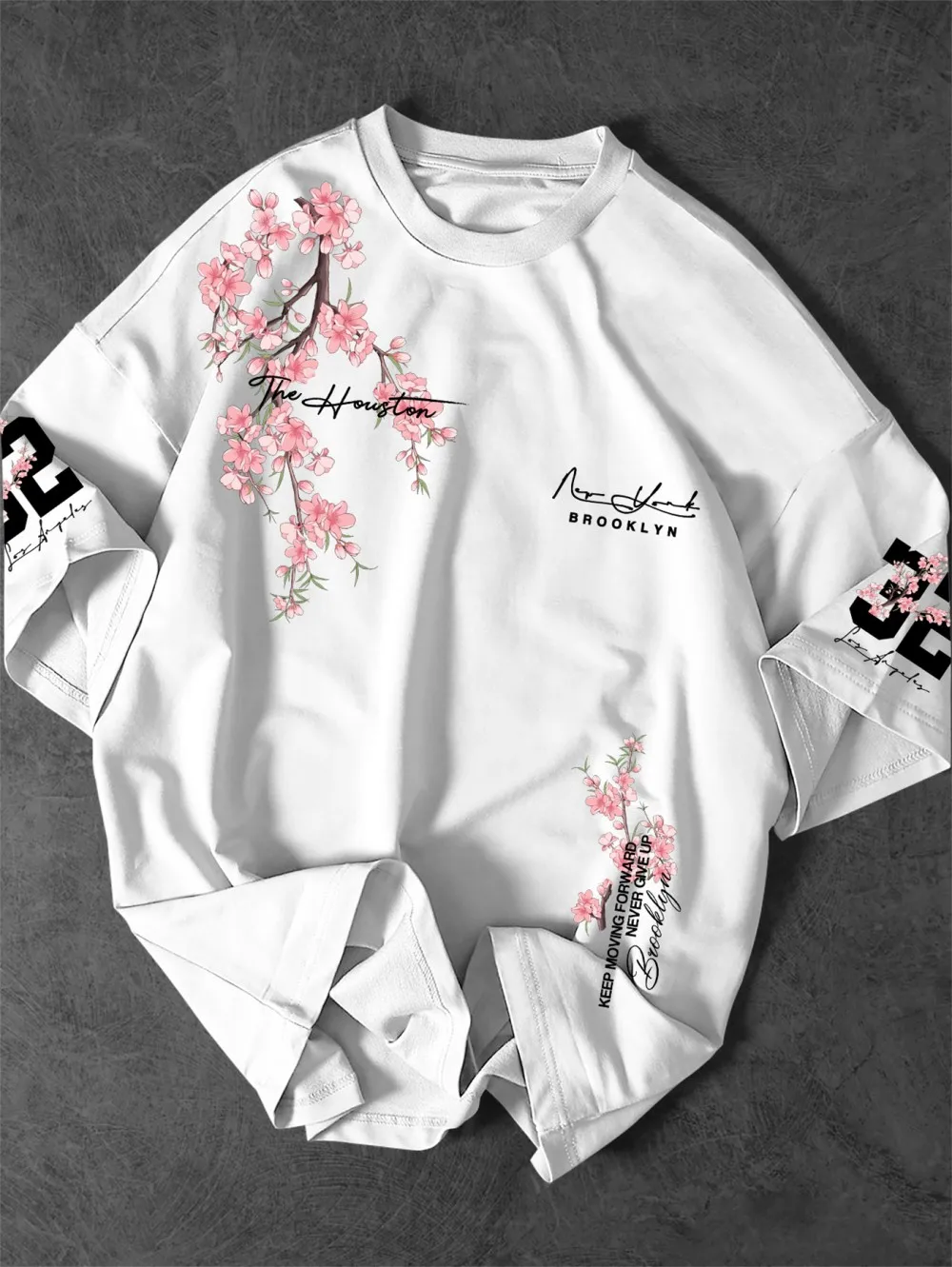 Amerikanisches Herren-Sommer-T-Shirt mit Kirschblüten- und Brooklyn-Schriftzug-Druck, bequem und atmungsaktiv, Rundhals, Outdoor-Street-Top – Detail 6
