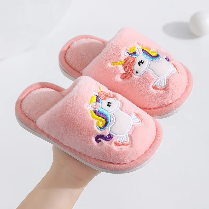 Winter Unicorn Slippers Kids Girls Boys Home Shoes Baby Fur Slides Cotton Indoor Warm Fluffy House Children Slipper Shoes