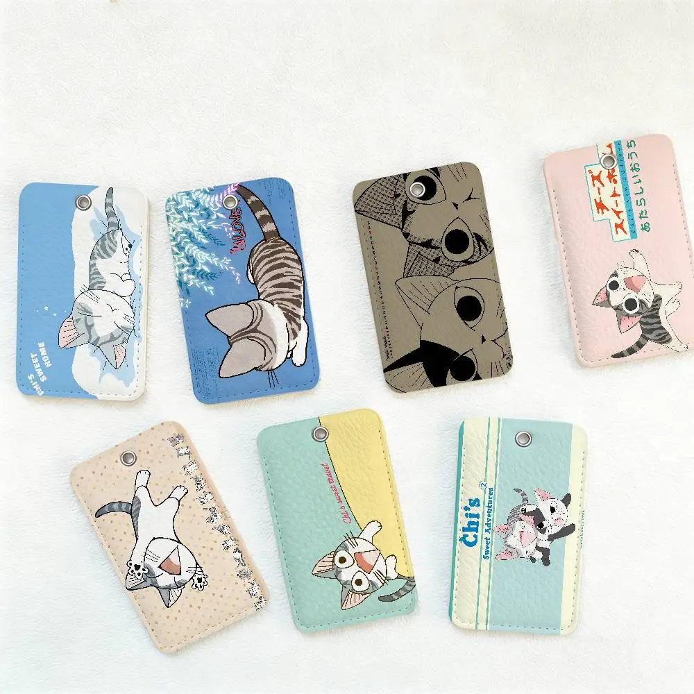 Cat Chis Sweet Home Rectangle ID Card Case Keychain Access Card Bag Key Tag Ring Leather Card Holder Key Ring Access