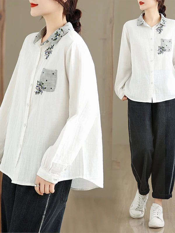 

High-End Patchwork Color Embroidered Cotton irt Women's plus Size Retro Artistic Doll Collar Breathable Casual Long Sve