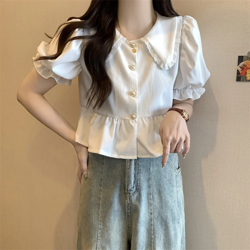 Shirts Dames Katoenmix Opstaande kraag Geplooid Lange mouw Zakelijk Formeel Chique knoopblouse voor studenten Preppy stijl Dagelijks