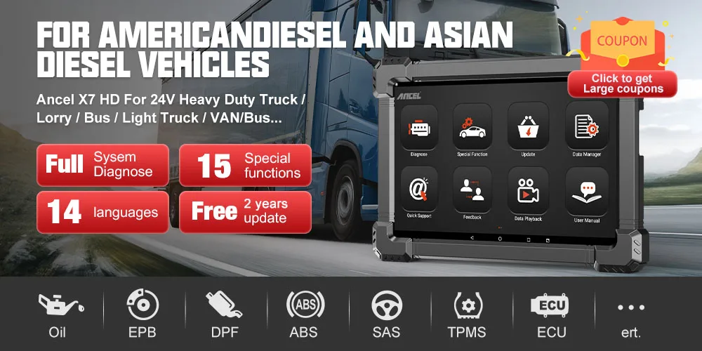 2026 Ancel X7 HD Trucks Professional Diagnostic Device Complete System OBD2 Scanner ECU Oil Reset Bi-directional for Iveco MAN
