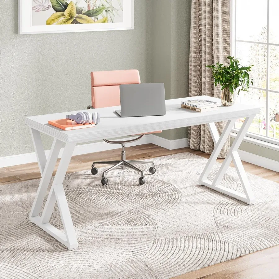 55 inch Heavy Duty Writing Computer Desk with ZShaped Metal Legs for Modern Simple Home Office Setup White Finish Durable Desig