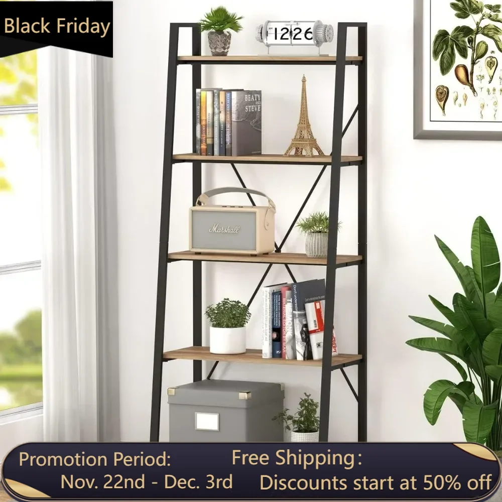 Industrial 5-story ladder bookshelf, wood and metal ladder frame bookshelf, farmhouse living room inclined shelf (vintage oak)