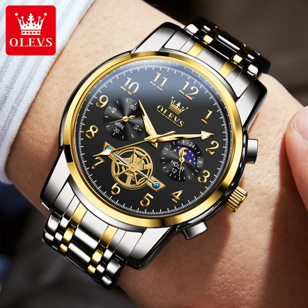 OLEVS Stainless Steel Quartz Watch, Moda Pulseira, Round-Dial Chronograph, Luminous Gift, 2903