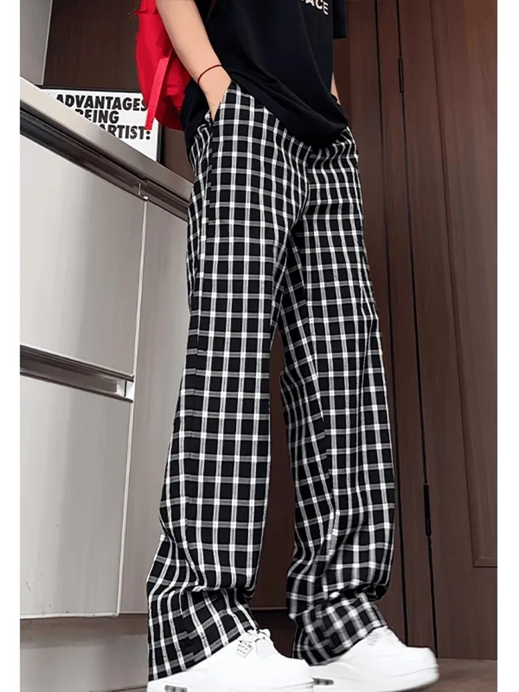 Lightweight Summer Plaid Men's Casual Pants Loose Wide Leg Straight Cut American Cleanfit Comfortable Breathable Faionable