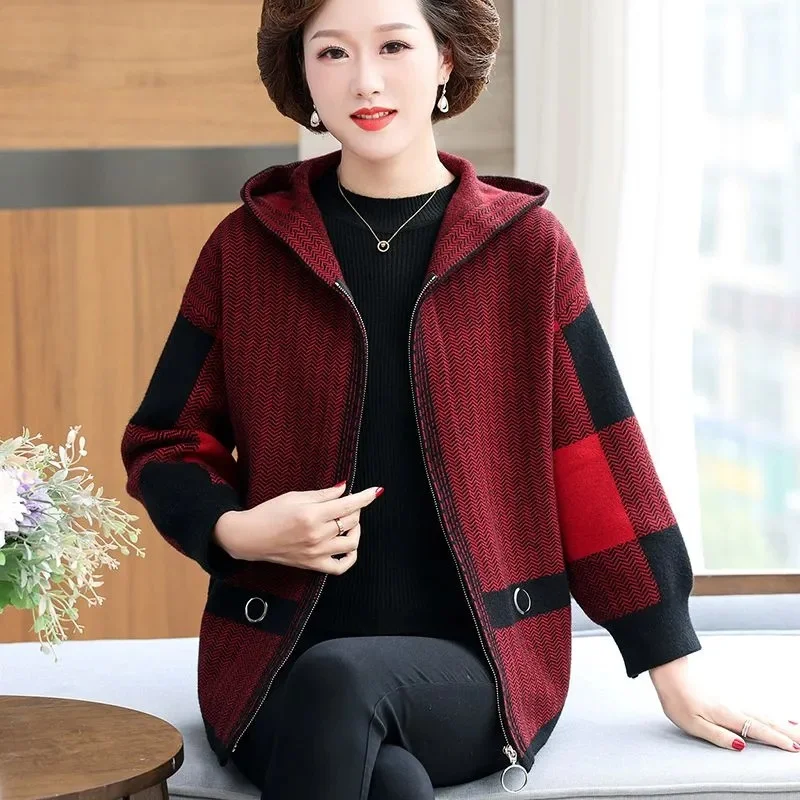 2023 Autumn Winter New Style on Clothes Middle-aged Women\'s Cardigan Middle-aged Elderly Hooded Coat 40 Years old 50 Solid Color