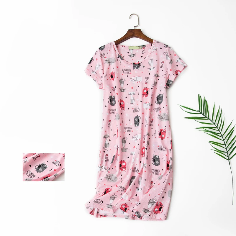 Summer Nightgowns O-neck Cotton Cartoon Women\'s Sleepwear Nightwear Plus Size Sleep&Lounge Nightdress Short-Sleeve Home Dress