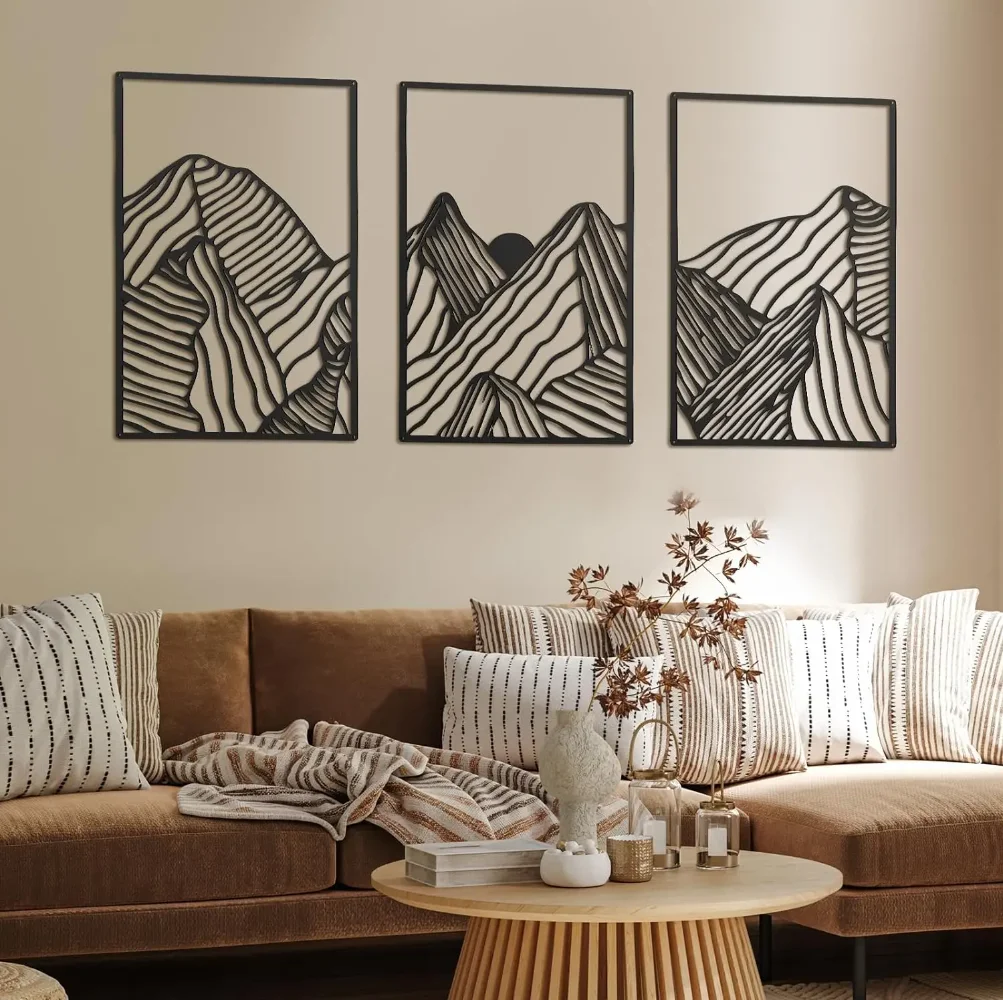 

3Pcs Mountain Line Metal Art - Abstract Minimalist Decor - Rustic Nature Wall Hanging for Home, Bathroom, Living Room