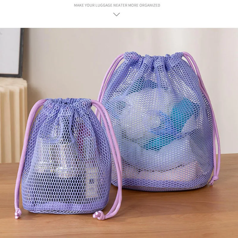 10pcs/lot Round Bottom Mesh Drawstring Pouch Portable Travel Drainage Makeup Toiletries Storage Bags Swimming Bath Bag