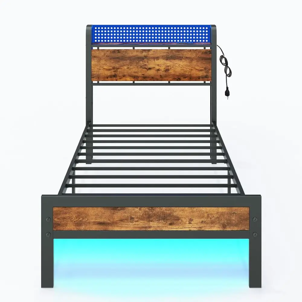إطار سرير بإضاءة LED مزدوج الحجم مع محطة شحن، لوح رأسي للتخزين الخشبي، سرير بمنصة معدنية مع مساحة تخزين سفلية، USB P