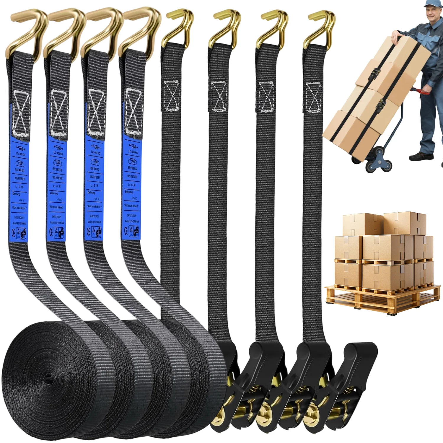 4er-Pack Schwerlast-Ratschengurte 6m, Spanngurte mit Doppel-J-Haken, 800kg Bruchlast, Frachtratschengurte für LKW, Anhänger, Motorräder, Kajaks, Autodach