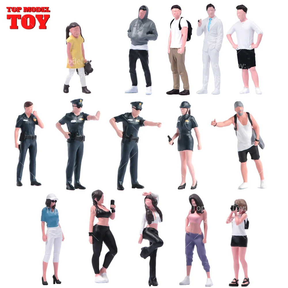 Painted Miniatures 1/64 Scale Beauty Handsome Boy Policeman Girls Male Female Scene Figure Model For Car Vehicles Decorate