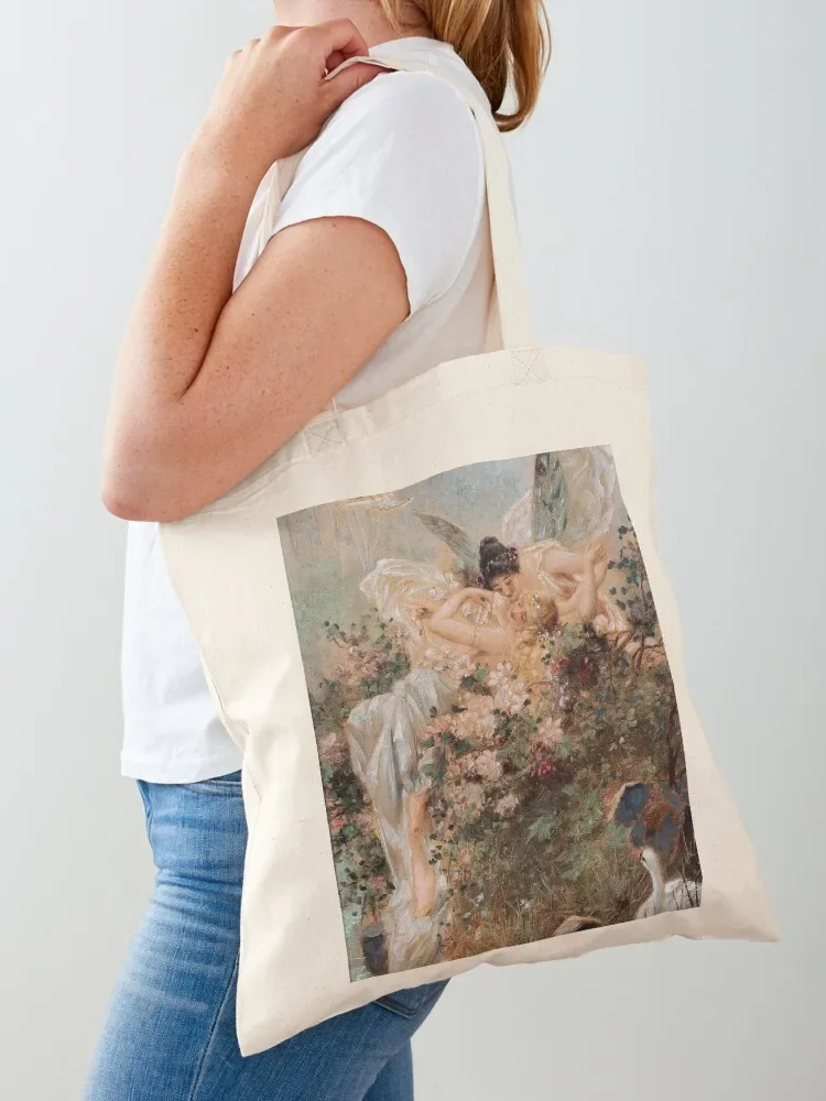 Two Fairies Embracing in a Landscape with a Swan by Hans Zatzka Tote Bag foldable reusable bag canvas bags Tote Bag