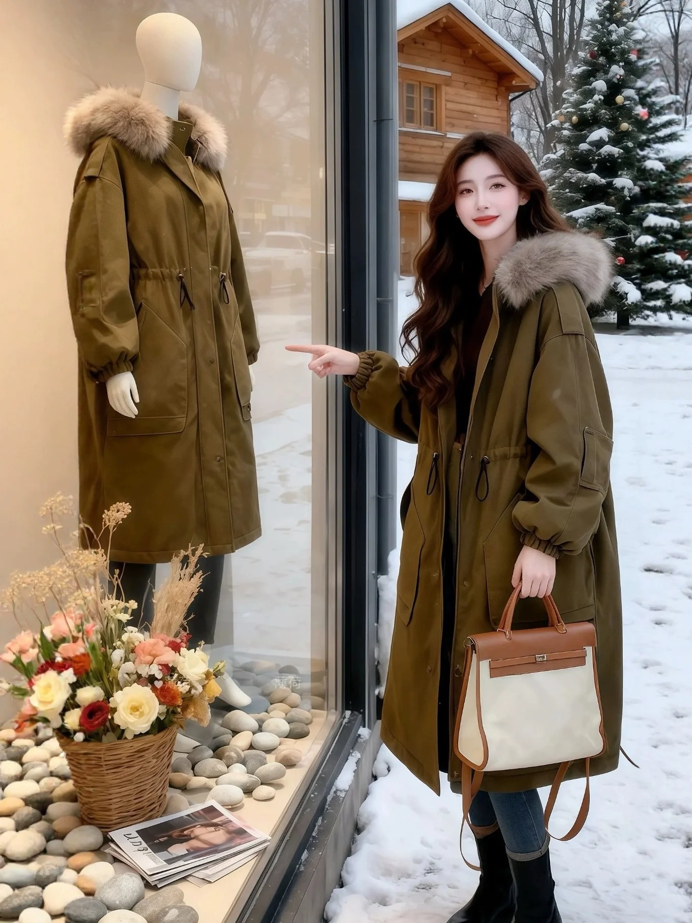 

Women's Long Hooded Cotton Jaet Thiened Winter Coat with Large Fur Collar Korean Sle Loose Fit Faionable Parka