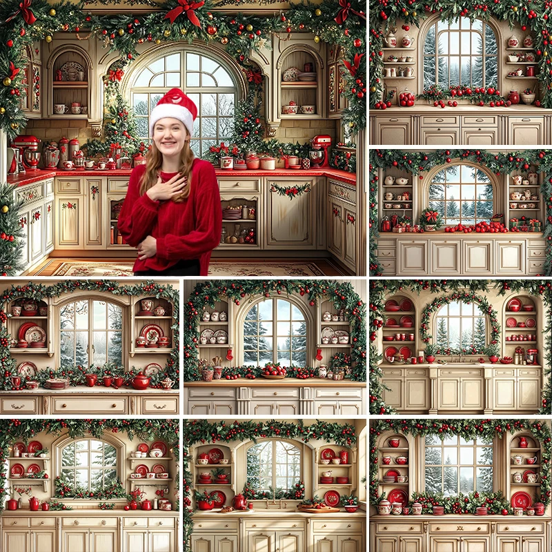 

LS Photography Background Winter Christmas Kitchen Window Xmas Tree Gifts Kids Family Portrait Decor Backdrop Photo Studio