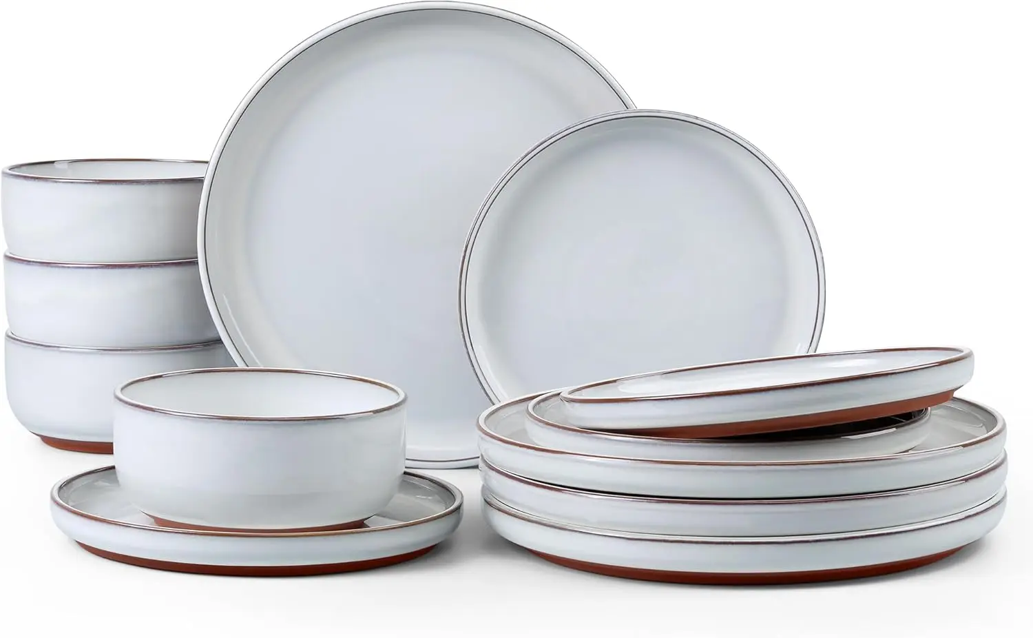 

Stoneware Dinnerware Sets for 4, 12 Pieces Reactive Glaze Plates and Bowls Sets, Elegant Dishes with Rustic Terracotta Base