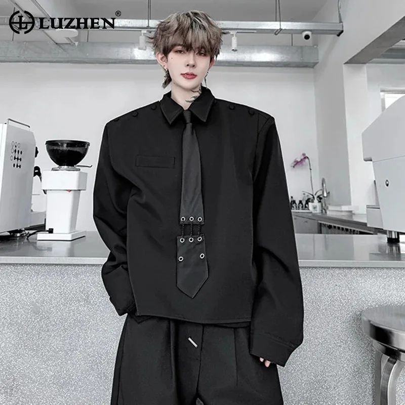 

LUZHEN Original Splicing Fake Two Piece Design Long Sleeve Shirts Men's 2025 Autumn Necktie Decorate Personalized Clothes JY5878