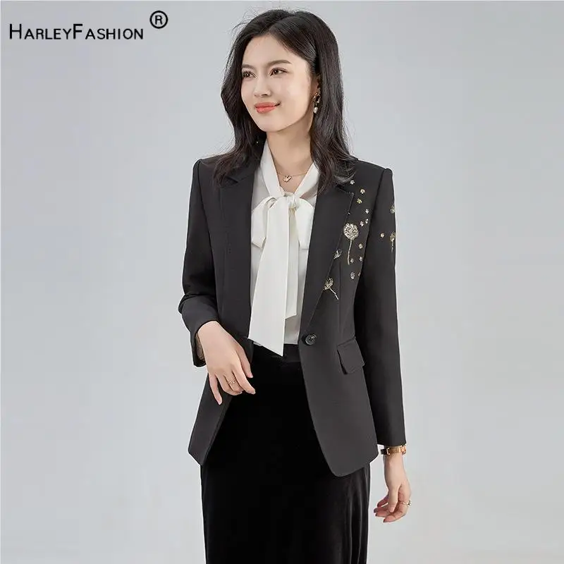 

Elegant Style Lady Office Wear Notched Long Sleeve Single Buttons Women Sequins Embroidery Casual Slim Blazer