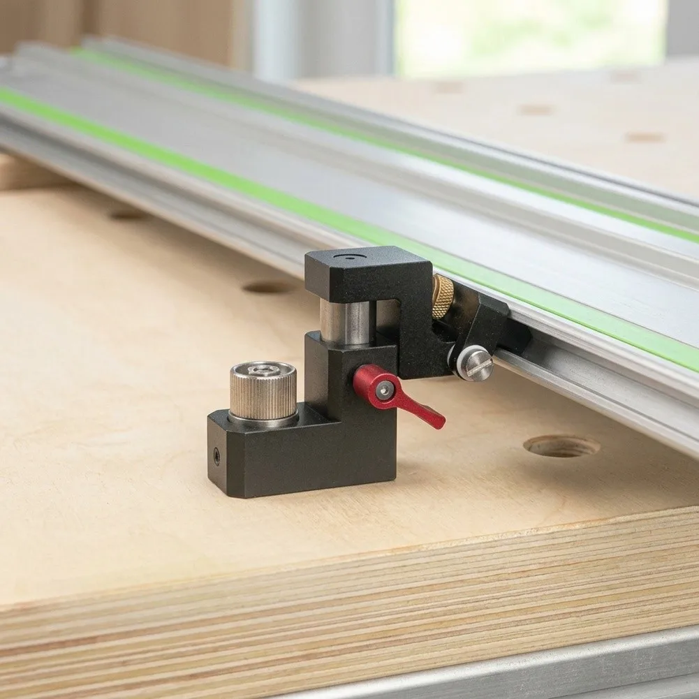Track Saw Side Flip Stop for Precision Woodworking with Quick Adjust Table Positioning Jig Compatible with Hole System
