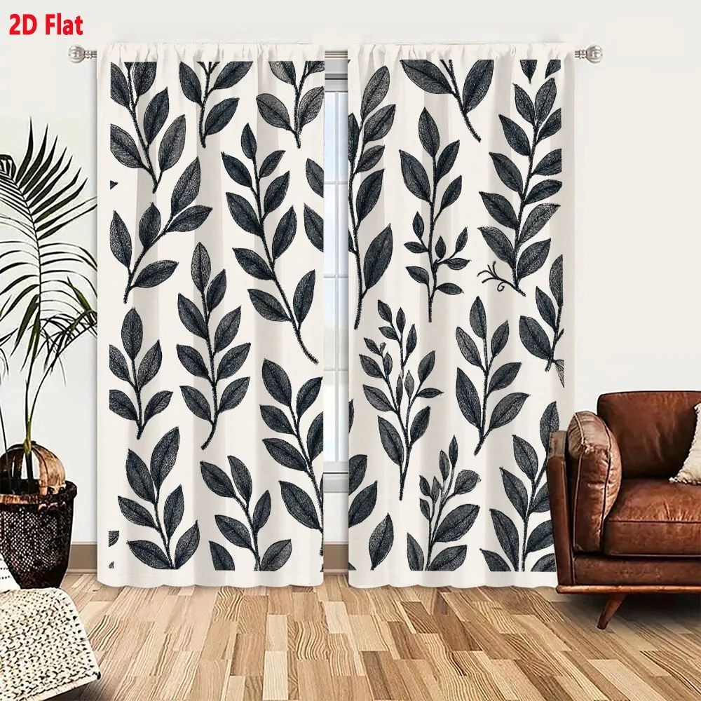 2Pcs Curtains 2D Flat Dark Blue Black Leaves Branches On Light Beige Off White Background Botanical Pattern Symmetrical Delicate