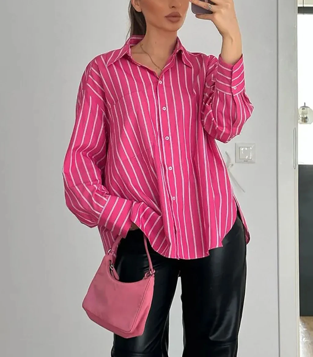 Women\'s Striped Loose Long Sleeve Shirt, Top Clothing, Elegant Blouses, Zevity Youth, 2024