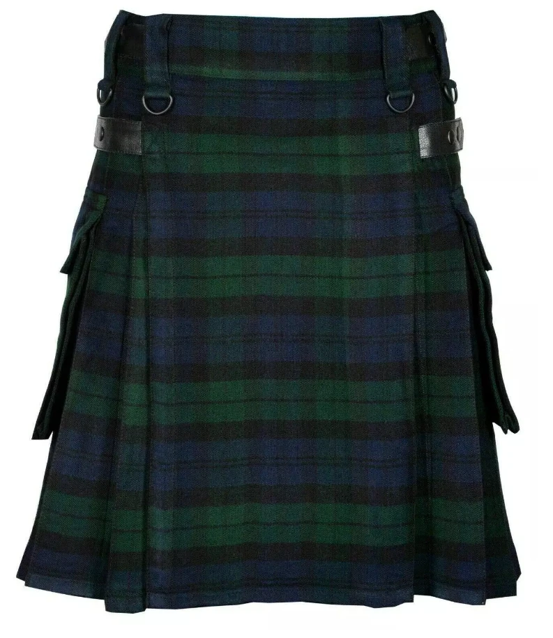 High Quality Fashion Men Cool Pocket Kilts Solid Color Gothic Kilt Vintage Warrior Cargo Kilt Metal Belt Pleated Skirt