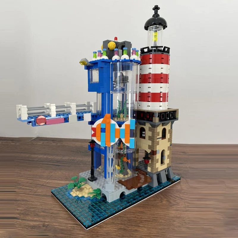 도시 거리 풍경 모델 MOC 빌딩 블록 등대 및 수족관 모듈형 기술 어린이 휴일 선물 조립 장난감 세트