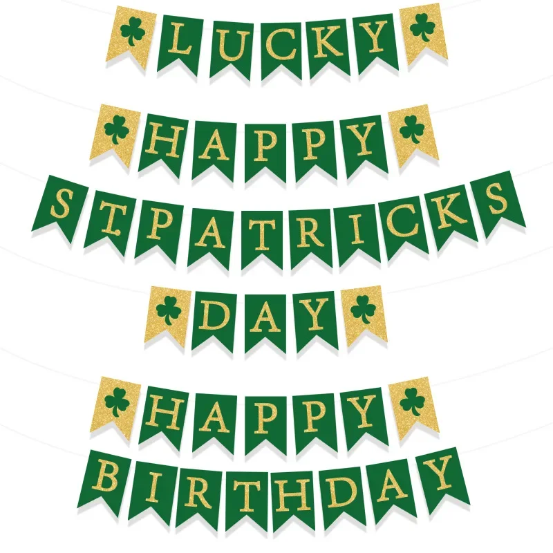 Green Gold Clover Lucky Happy Birthday Swallowtail Flags Hanging Banners for St Patrick's Day Themed Birthday Party Decorations