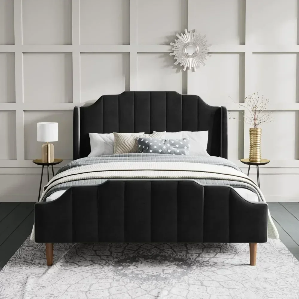 Queen Size Bed Frame With Modern Curved Velvet Headboard, Strong Wood Slat Support, Upholstered Queen Bed Frame