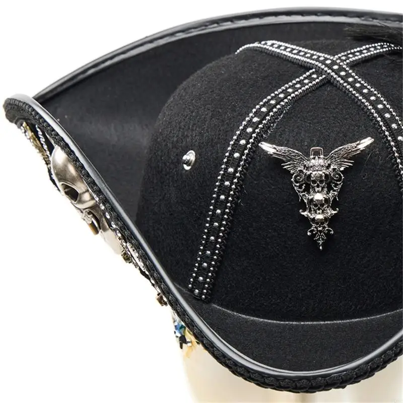 Klassischer schwarzer Piratenhut mit Zierbesatz, Piratenhut für Erwachsene, perfekt für Halloween-Verkleidung und Y08E – Detail 8