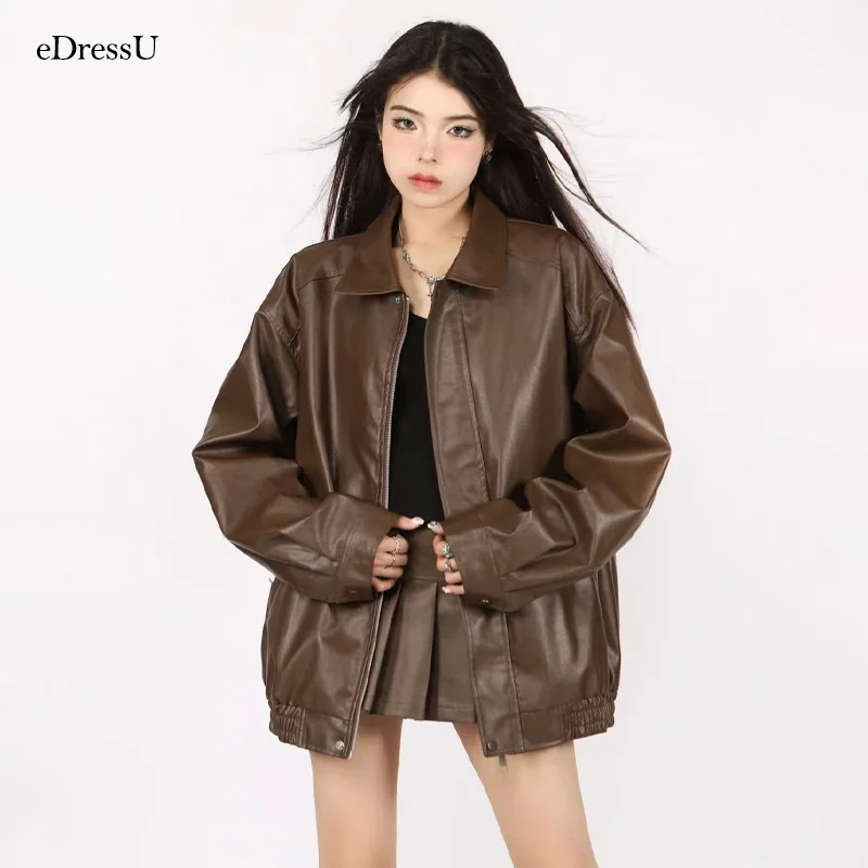 Women Leather Jacket Oversize PU Leather Jacket Coat Outwear Cool Grunge Style Fashion Daily Casual Streetwear P-2401