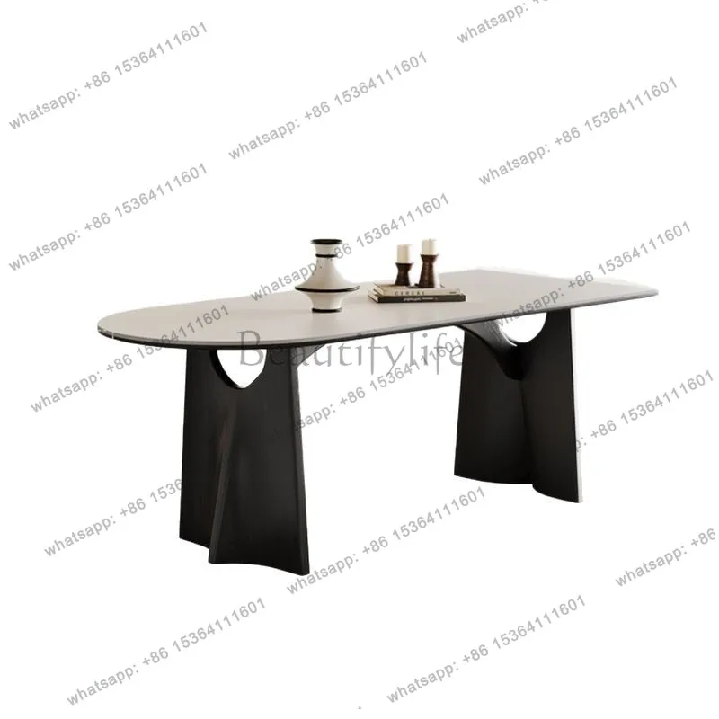 Pure white slate dining table rectangular home simple modern Italian light luxury wabi-sabi style solid wood dining table