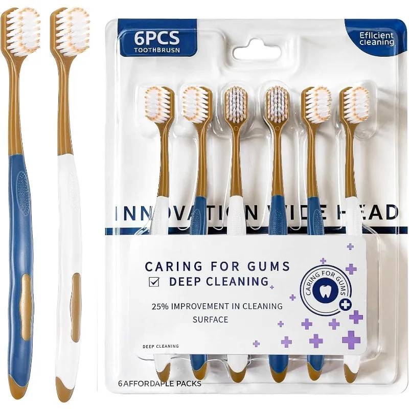 

6 зубных щеток для взрослых с широкой головкой и мягкой щетиной, нежные и ручные, для эффективной чистки зубов, подходят для путешествий и повседневного использования.