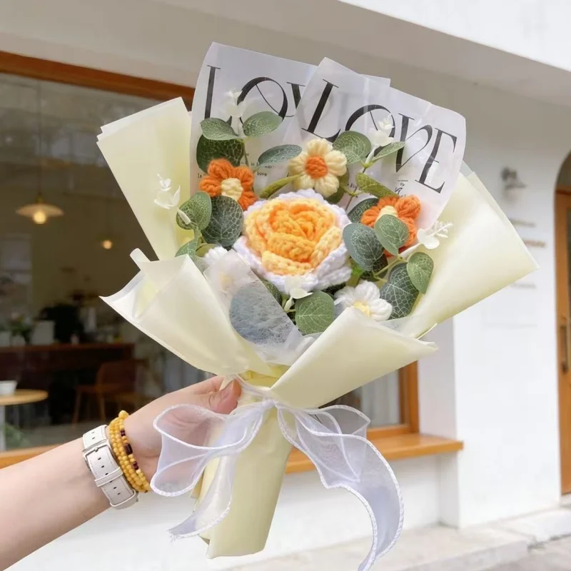 Handgefertigte Fertige Häkelrosen Sonnenblumen Nelken Künstliche Blumensträuße Konservierte Hochzeits-Geburtstags-Abschlussgeschenke – Detail 4