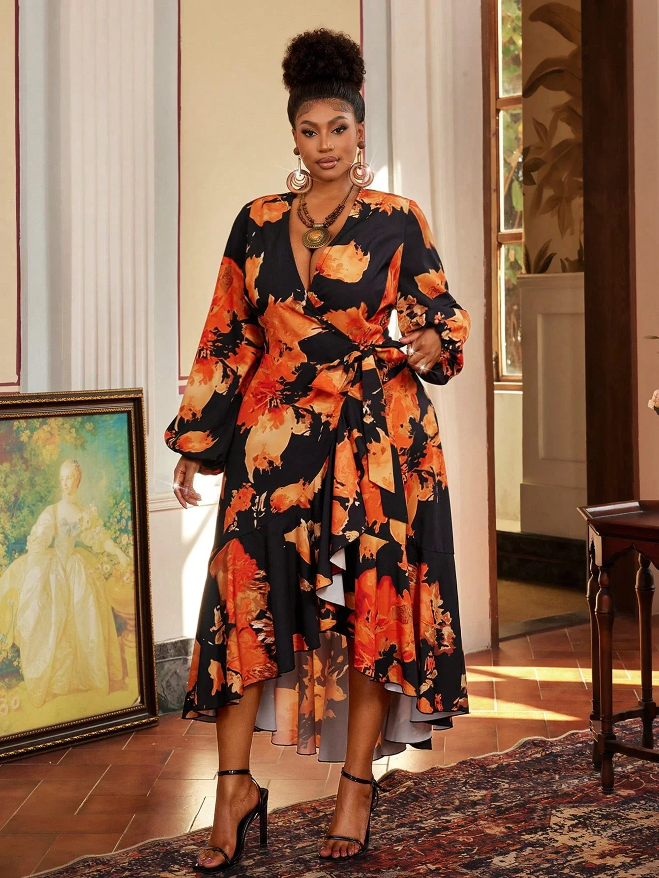 

Plus Size V-Neck Tie-Up Long Sleeve Asymmetrical Hem Floral Dress For Halloween New Year