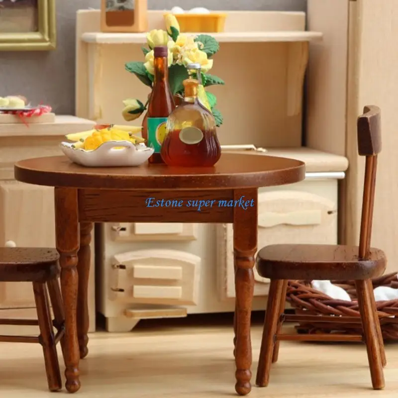 090B Miniature Dining Room Table Set with 2 Chair Friendly Painted Design for 1/12 Scale Dollhouses Scene Layout Decoration