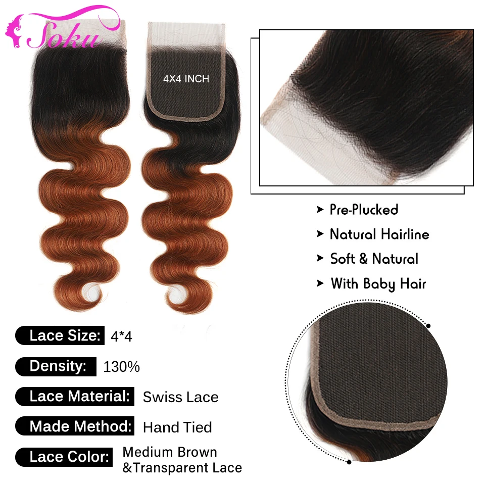 Brazilian Body Wave Bundles With Closure T1B/30 27 Ombre Brown Blonde Human Hair Weave Bundles With Closure Remy Hair SOKU