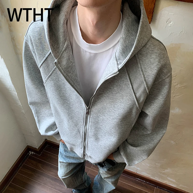 

WTHT Fashion Men's Solid Color High Street Hooded Loose Coats Trendy American Style Long Sleeves Jackets Male 2025 Autumn 2A1740