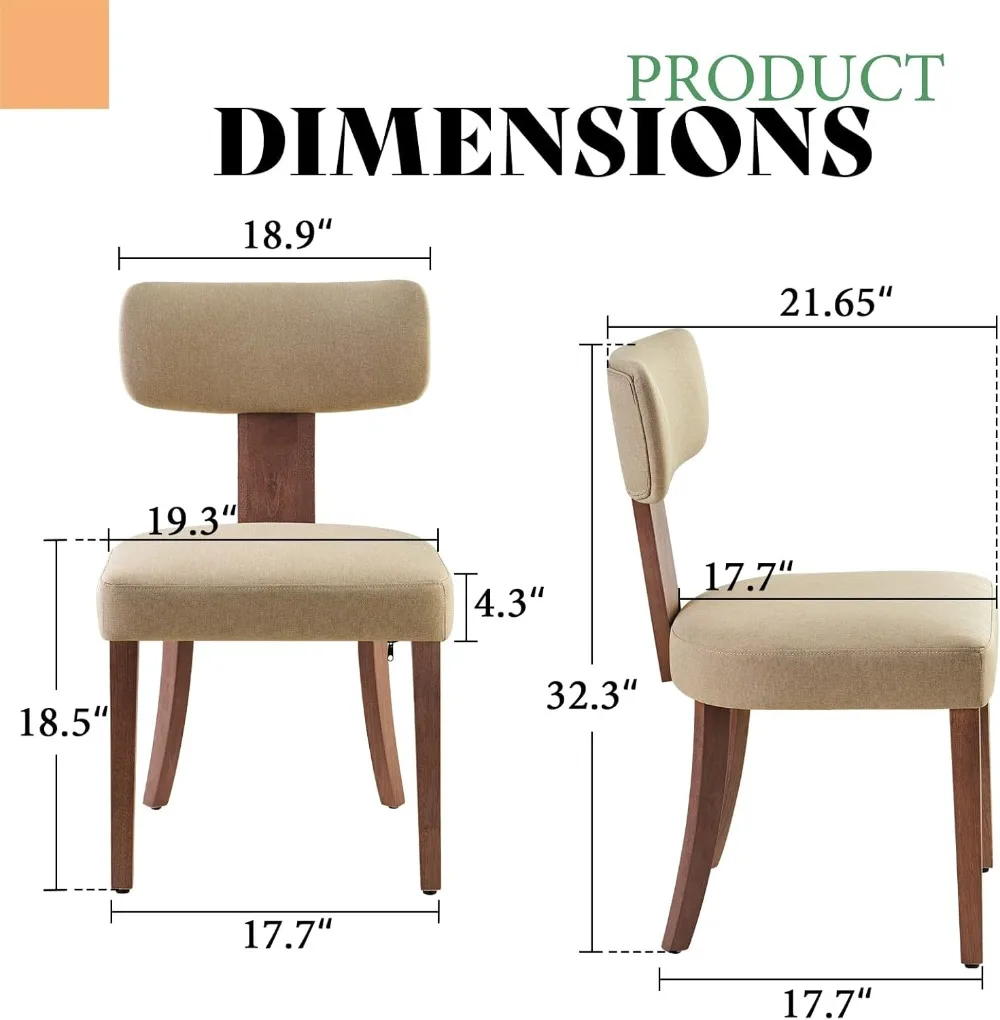 Dining Chairs Set of 2, Modern Linen Kitchen Chairs with Upholstered Curved Backrest & Seat, Chairs for Dining Table,Khaki