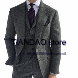 Men's Suit 3 Piece Herringbone Wool Formal Business Blazer Pants Vest Winter Slim Fit Jacket Set terno masculino