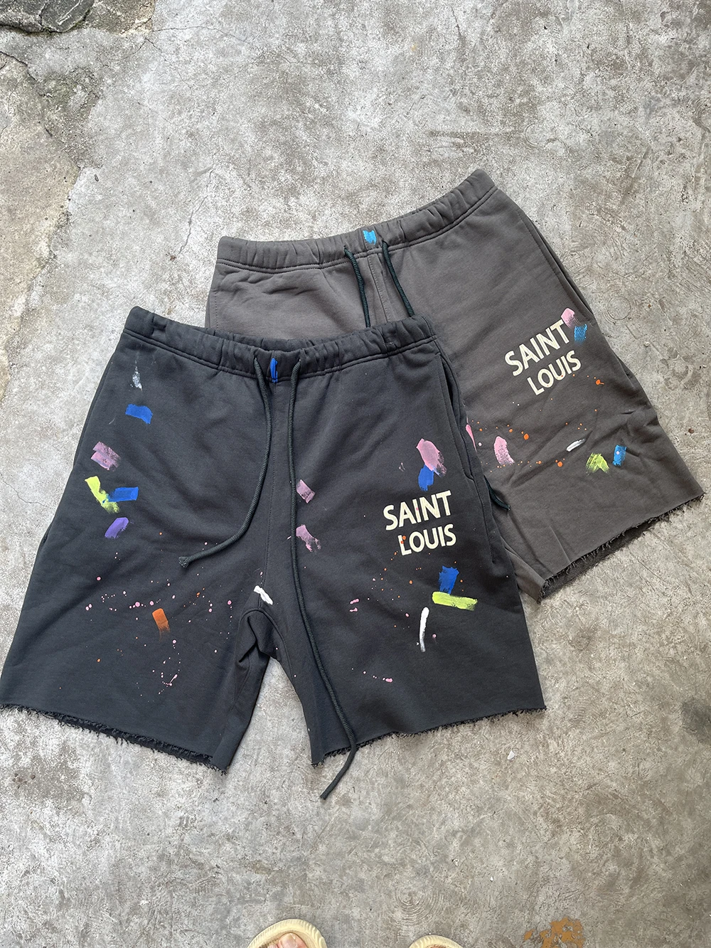 

Saint Louis Mens Shorts Summer Casual Splash-ink Graffiti Streetwear Fashion Cotton Grey Black Pants Tassel Design Vintage Style