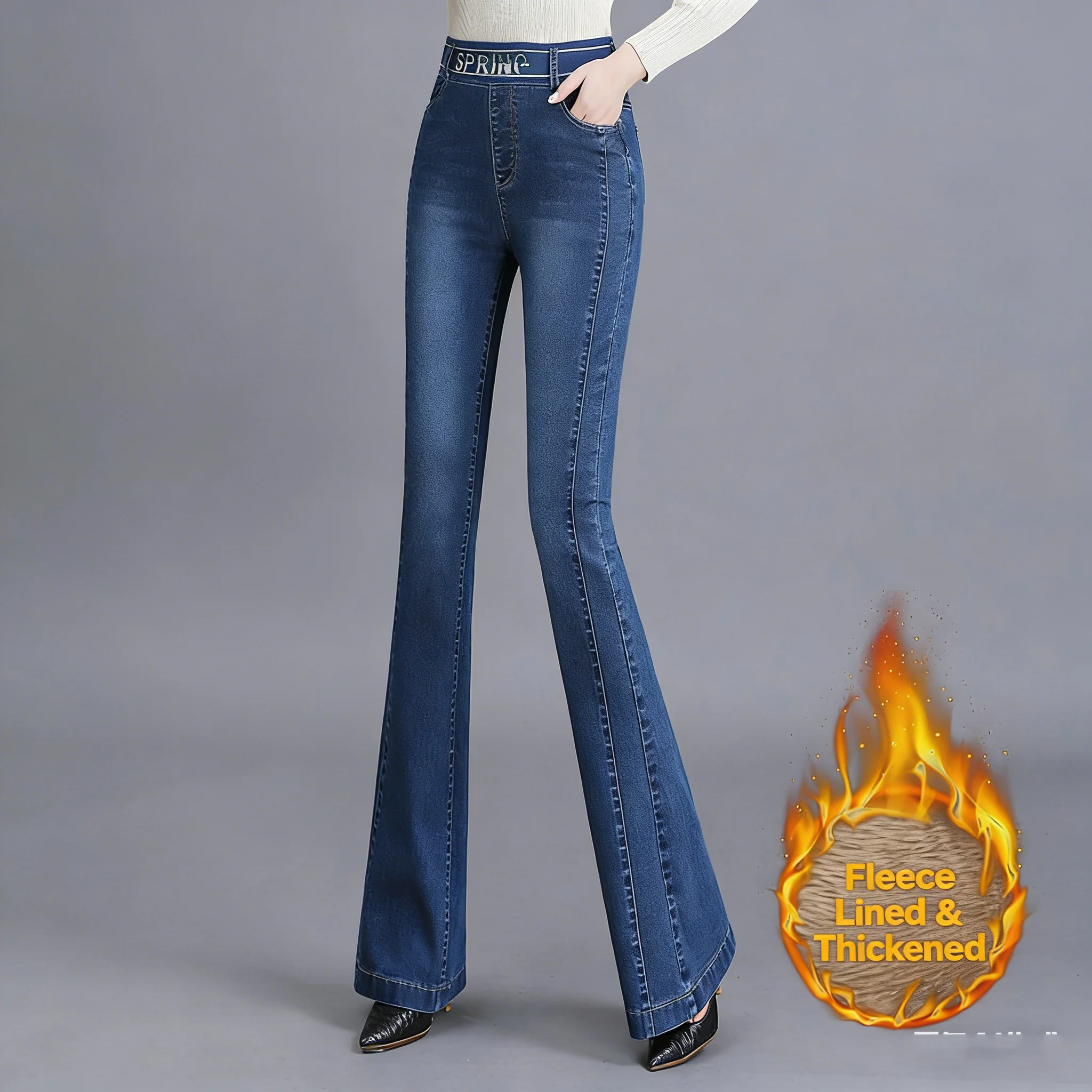 

Женские деловые узкие эластичные расклешенные джинсы с эластичной резинкой и высокой талией, широкие джинсовые длинные брюки