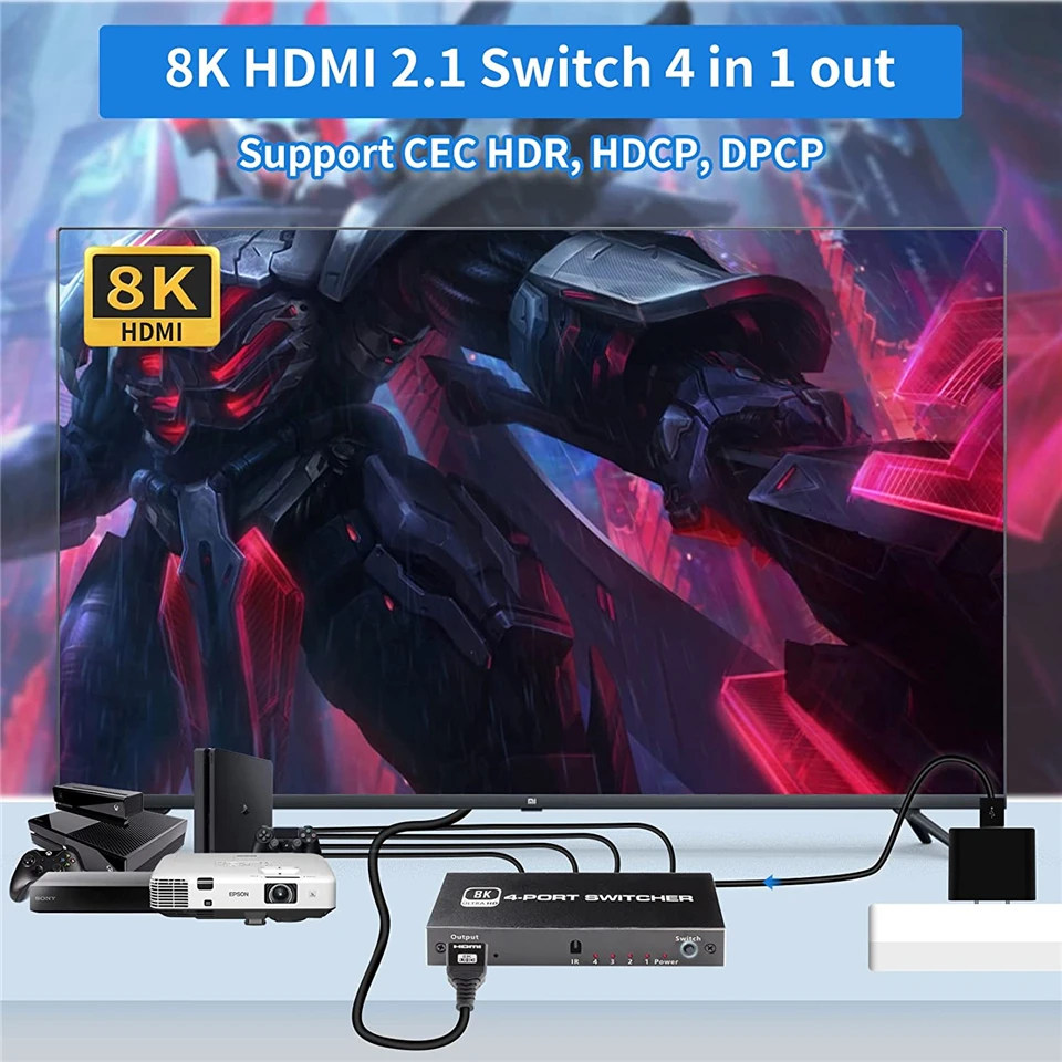 2024 HDMI อุปกรณ์สลับสัญญาณ2.1-4 in 1 OUT 2 in 1 Out 8K 60Hz 4K 120Hz อะแดปเตอร์สวิทช์แยก IR สำหรับ PS5 PS4โปรเจคเตอร์