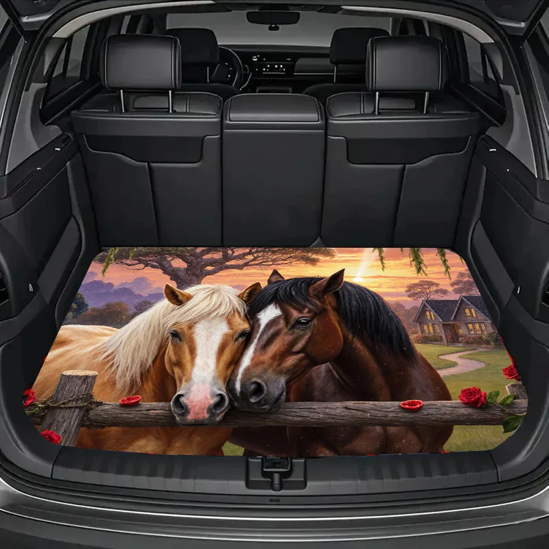Universal Car Trunk Mat, Romantic Pastoral Two Horses Oil Painting Wall Art - Palomino Bay Horse Couple With Red Roses, Sunset C