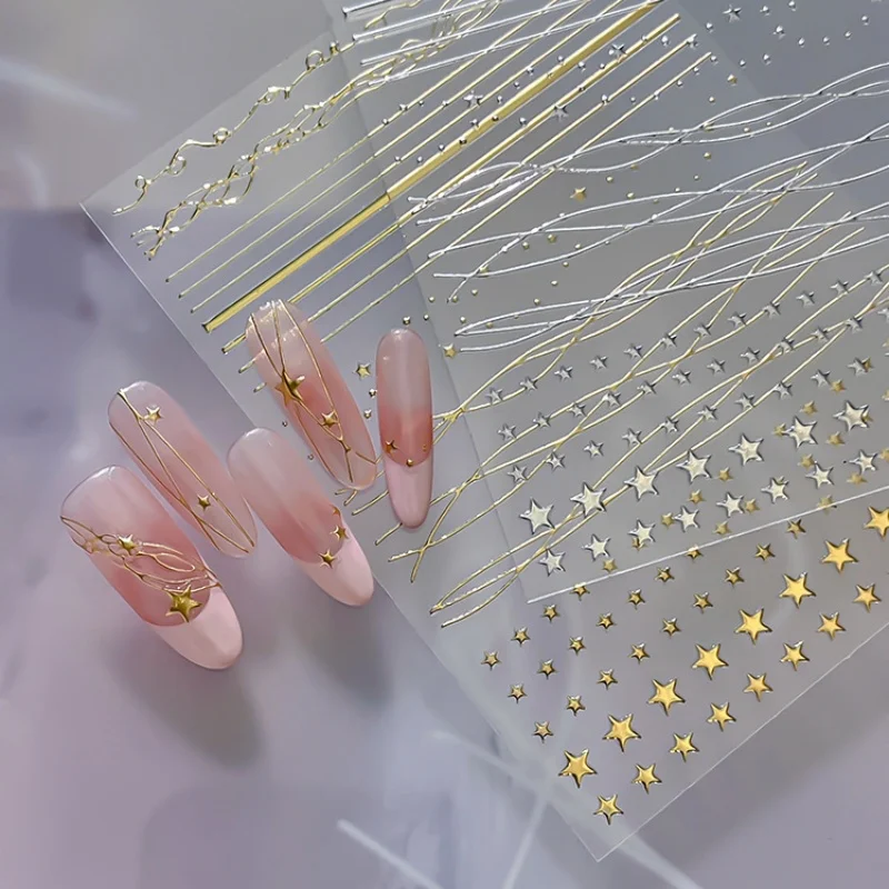 Sparkling Gold Silver Star French Nail Stickers Metal Texture Curve Strip Self Adhesive Nail Decoration Stickers Accessories DIY