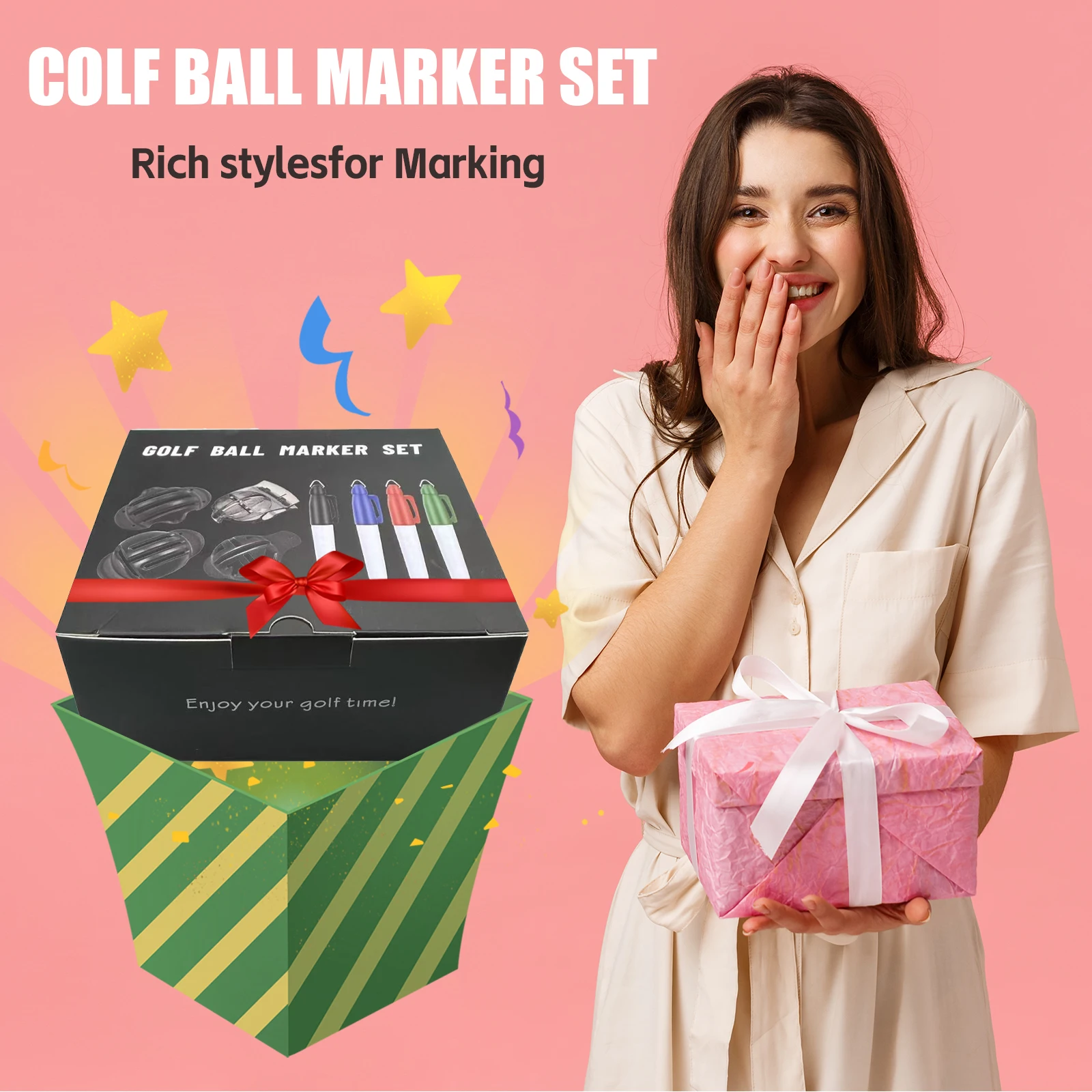 8-teiliges Golfball-Markierungsset für präzises Zielen und persönliche Markierung, enthält 4 Ballmarkierungsvorlagen und 4 Farbmarkierungsstifte – Detail 1