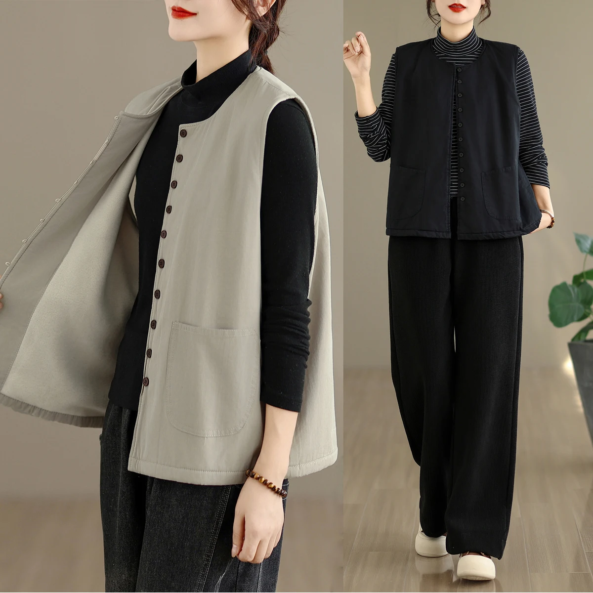 

Повседневный жилет из смеси хлопка, женский свободный жилет на одной пуговице, круглый Ne Jaet, многослойные варианты, осенний сезон